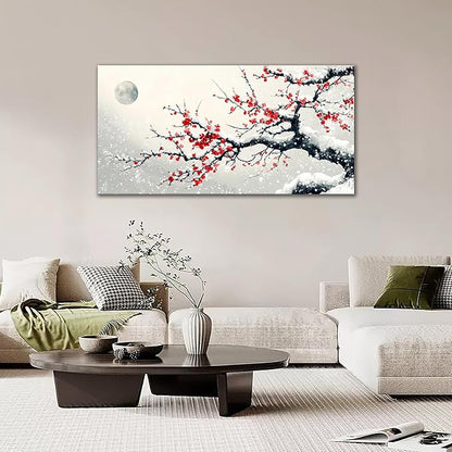 Large Flower Blossom Wall Art Snow Winter Canvas Living Room Chinese Floral Pictures Framed Prints Oversize Japanese Wall Decor Painting Artwork for Bedroom Dining 60"x30"