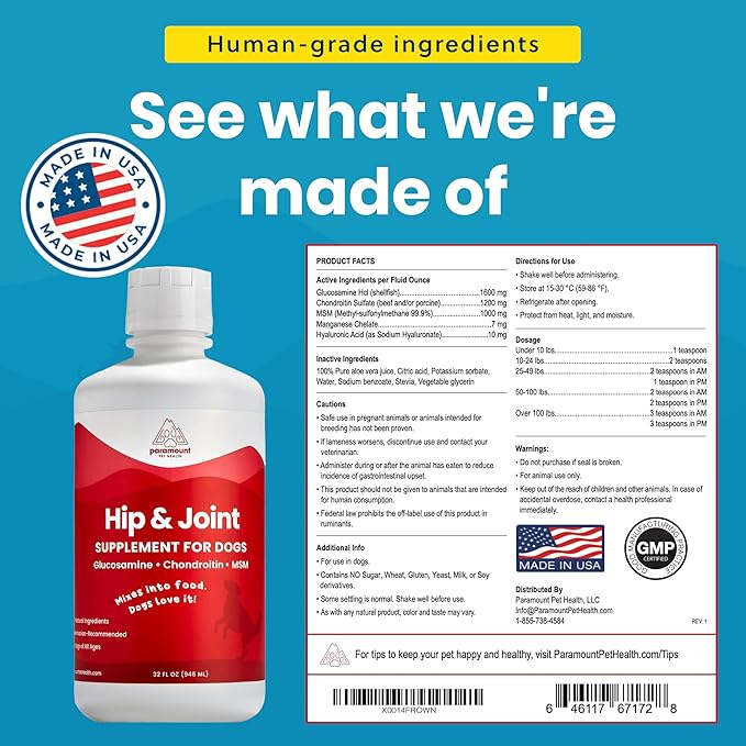 Liquid Glucosamine for Dogs, 1600mg Glucosamine Chondroitin MSM, Hip &amp; Joint Supplement for Large Dogs, Liquid Arthritis Relief &amp; Mobility Support, 32 oz