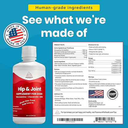 Liquid Glucosamine for Dogs, 1600mg Glucosamine Chondroitin MSM, Hip &amp; Joint Supplement for Large Dogs, Liquid Arthritis Relief &amp; Mobility Support, 32 oz