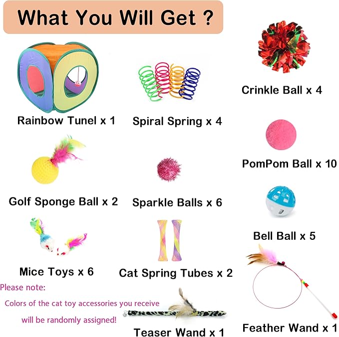 42pcs Interactive Cat Toys Kit - Multi-Activity Kitten Toy Set with Collapsible Tunnel, Feather Wand &amp; Bell, Cat Balls Toys - Indoor Play Enrichment Supplies for Adult Cats &amp; Kittens