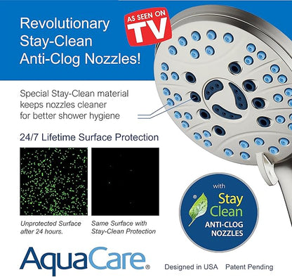 Hotel Spa AquaCare High Pressure 8-mode Handheld Shower Head, Anti-clog Nozzles, Built-in Power Wash to Clean Tub, Tile &amp; Pets, Extra Long 6 ft. Stainless Steel Hose, Wall &amp; Overhead Brackets