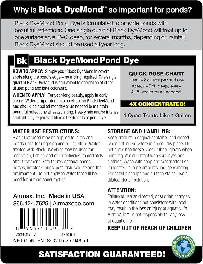 Airmax Black DyeMond Pond Dye 4X Concentrate for Outdoor Ponds &amp; Lakes, Natural Pond Colorant &amp; Beauty Enhancer, Block Ultraviolet Rays, Fish, Bird &amp; Livestock Safe, Easy Liquid Application, 1 Quart