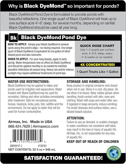 Airmax Black DyeMond Pond Dye 4X Concentrate for Outdoor Ponds &amp; Lakes, Natural Pond Colorant &amp; Beauty Enhancer, Block Ultraviolet Rays, Fish, Bird &amp; Livestock Safe, Easy Liquid Application, 1 Quart