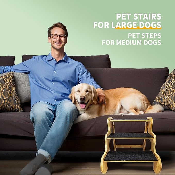 Dog Stairs for Large/Oldder Dogs,4 Steps Bamboo Wooden Pet Ramp for High Beds, Cars &amp; Couch Sofa - Supports Dog Up to 160 LB,20-inches High
