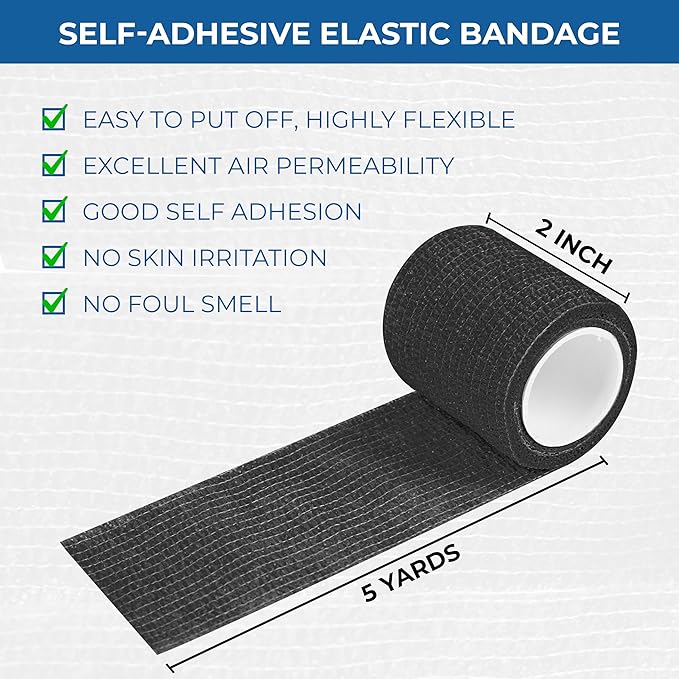 Self Adhesive Bandage Wrap - Pack of 12 Black Color, Non-Woven, Breathable &amp; Water-Resistant Vet Wrap for First Aid, Sports Injury, Body Sprains, &amp; Pets - 2 Inch x 5 Yards