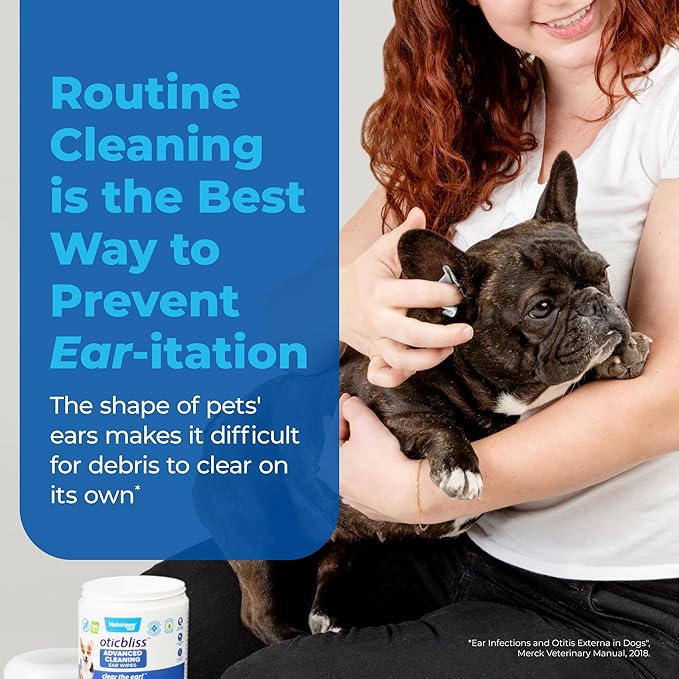 VETNIQUE Oticbliss Advanced Cleaning Ear Wipes for Dogs &amp; Cats for Odor Control, Dirt and Wax Removal with Soothing Aloe Vera, Drying Agent and Vitamin E, Clear the Ear 100ct Wipes