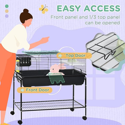 PawHut Two-Story Small Animal Cage Removable from Stand, Guinea Pig Cage with Shelf &amp; Wheels, Pet Habitat for Hedgehog, Chinchilla, Ferret, 39" x 20.5" x 36.5", Black