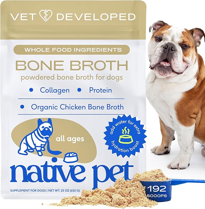 Native Pet Bone Broth for Dogs and Cats - Chicken Bone Broth Powder Dog Food Toppers for Picky Eaters - Provides Extra Nutrition for Joint Strength, Immune Support &amp; Heart Health - 192 Scoops