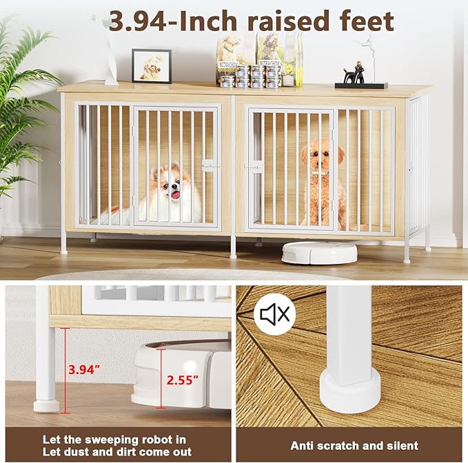 EasyCom 63" Dog Cage Furniture for 2 Pets with Divider, XL Wooden Double Dog Crate Furniture TV Stand for Mideum Breed, Durable and Sturdy