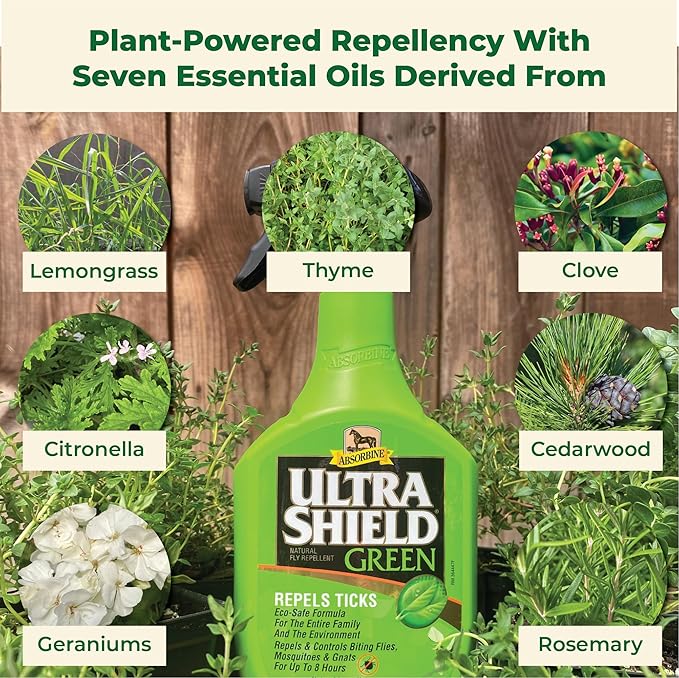 Absorbine UltraShield Green All-Natural Fly &amp; Insect Repellent for Horses &amp; Dogs, Essential Oils Repel &amp; Control, 32oz Spray Bottle
