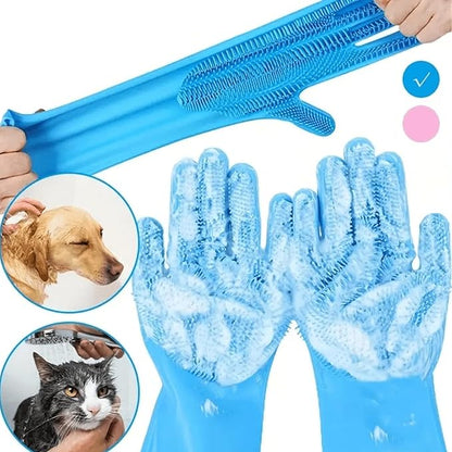 Pet Grooming Gloves，Heat-Resistant Silicone Gloves with High-Density Teeth for Enhanced Massaging and Bathing of Dogs and Cats (Blue, 1 Pair)