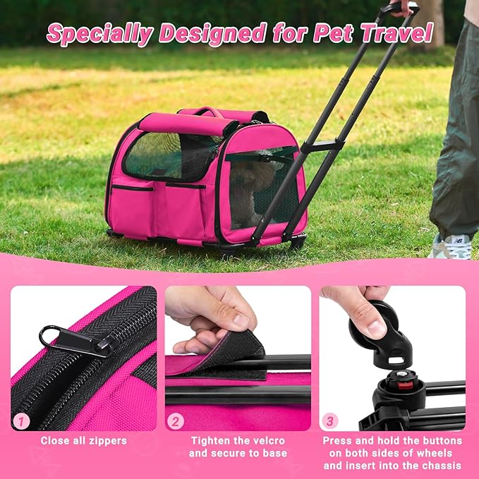 Large Pet Carrier with Wheels, Foldable Rolling Dog Carrier with Big Pocket, Cat Rolling Bag 21"x13"x13"for 2 Cats &amp;Dogs, Use for Travel, Outdoor, Vet Visits, Camping, Indoor. Pink