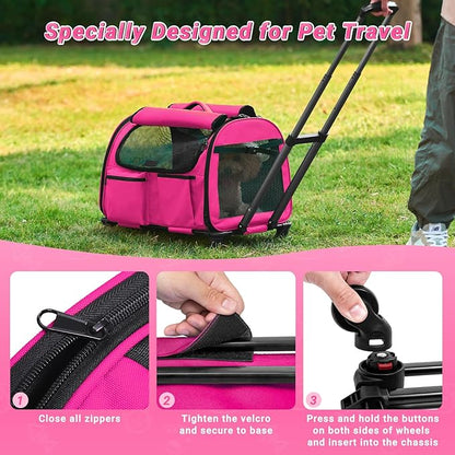 Large Pet Carrier with Wheels, Foldable Rolling Dog Carrier with Big Pocket, Cat Rolling Bag 21"x13"x13"for 2 Cats &amp;Dogs, Use for Travel, Outdoor, Vet Visits, Camping, Indoor. Pink