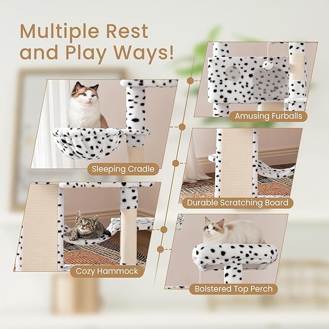SHA CERLIN 65in Larger Cat Tree Tower Condo for Indoor Kitties/Multi-Level Furniture Activity Center with Wide Base/Cozy Plush Perches/Baskets/Sisal Scratching Posts and Hammock/White &amp; Black Spot