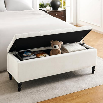 Ottoman with Storage,50.2-inch Upholstered End of Bed Storage Bench for Bedroom,for The Living Room,for Entryway, with Tray &amp; Button and Safety Hinges,Detachable (White)