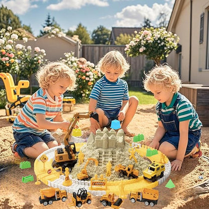 Sand Construction Kit, 2.2lbs Play Sand with Sandbox, 1 Toy Mat 8 Alloy Construction Trucks Race Tracks 10 Sand Molds Sensory Bin Toys for Toddlers Boys Girls Ages 3-8