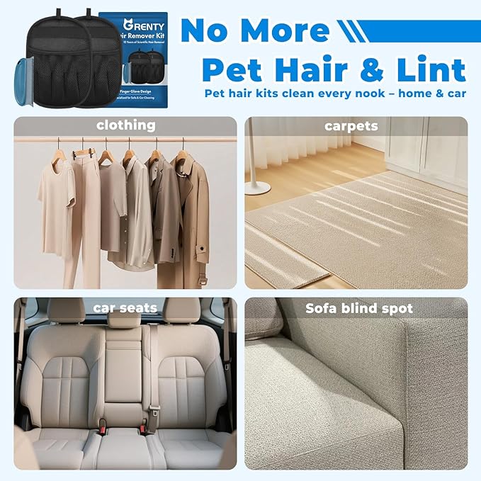 2Pcs Pet Hair Removal Gloves Kit (2 Sizes) for Dogs &amp; Cats, 2025 Newly Upgraded Five-Finger Electrostatic Pet Hair Gloves, Reusable Pet Hair Remover Tools for Clothing, Carpet, Sofa Gaps, Car Seat