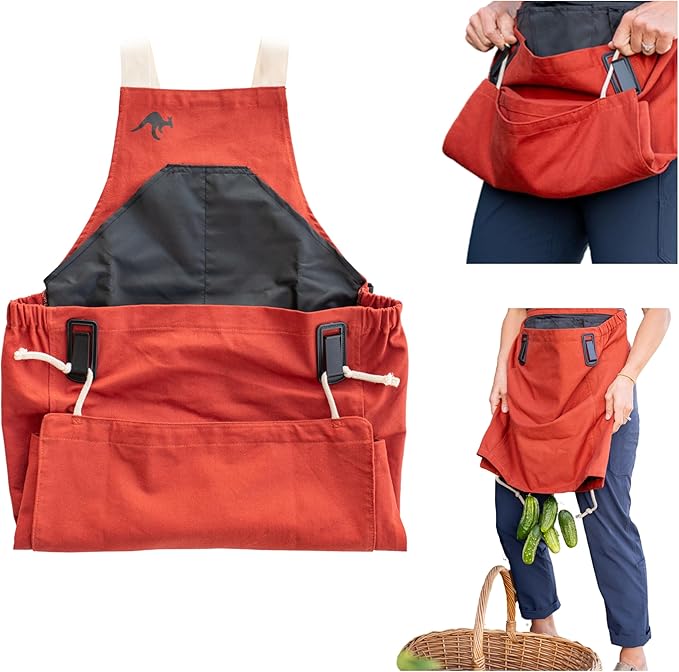 Roo Gardening Apron with Pockets &amp; Harvesting, Picking Pouch - Adjustable, Water-resistant, Washable Canvas Cotton