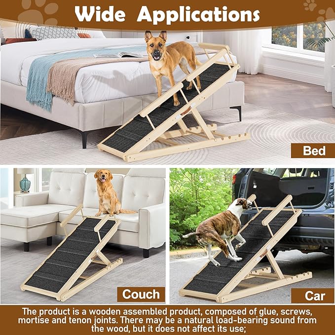 Dog Ramp for Couch, Bed or Car, Wooden 55" Long Pet Stairs for Small &amp; Large Old Dogs &amp; Cats, Hold up to 250lb, 6 Adjustable Height from 19.68" to 27.55" Portable Doggie Steps, Excellent Traction