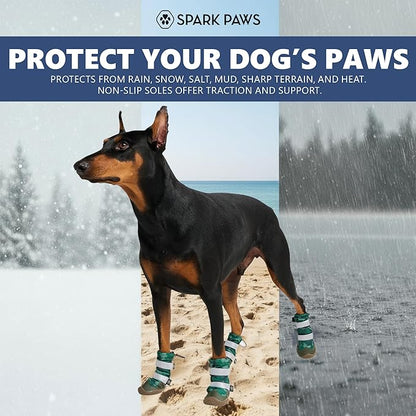 Spark Paws Dog Shoes, Waterproof Dog Boots for Medium to Large Dogs, Non Slip, Breathable Dog Booties and Paw Protectors - 4PCS Doggie Hiking Boots with Reflective Straps, Green Camo, Size 7
