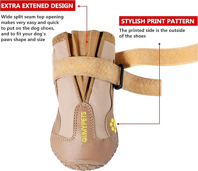 QUMY Dog Shoes for Large Dogs, Medium Dog Boots &amp; Paw Protectors for Winter Snowy Day, Summer Hot Pavement, Waterproof in Rainy Weather, Outdoor Walking, Indoor Hardfloors Anti Slip Sole Khaki 4
