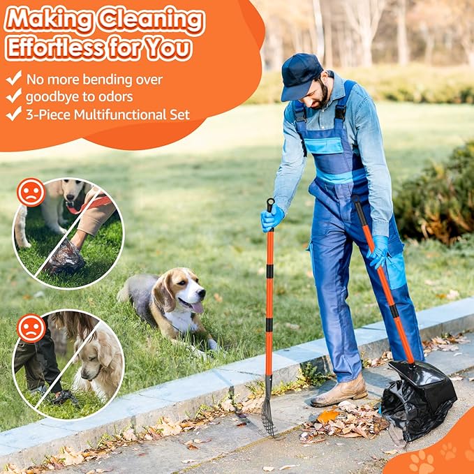 SlowTon Dog Pooper Scooper - 37.4" Long Handle Adjustable Metal Swivel Bin &amp; Rake &amp; Spade Kit with 20 Waste Bags, Portable Pooper Scooper for Gravel Lawn Grass, Suit for Small Medium Large Dog