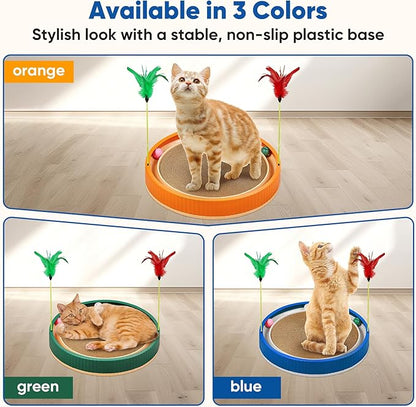 20-Inch Round Cat Scratcher with Ball Track – 3-in-1 Cardboard Scratching Pad with Feather Toy &amp; Non-Slip Base – Interactive Cat Toy for Indoor Cats, Kittens &amp; Large Cats (Blue)