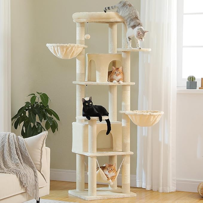 71.2" Tall Cat Tree for Indoor Cats - 9-Level Multi-Cat Tower w/5 Sisal Scratching Posts, 2 Condos, 3 Hammocks, Perch &amp; Pom Poms - Heavy-Duty for Adult Cats, Space-Saving Plush Beige