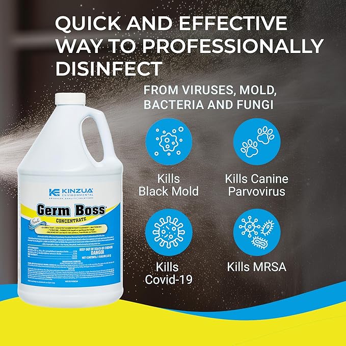 KINZUA ENVIRONMENTAL Germ Boss, Multipurpose Disinfectant Cleaner &amp; Deodorizer, Disinfectant Liquid Concentrate with Fresh Scent for Homes, Kennels, Institutional &amp; Industrial Strength, 1 Gal