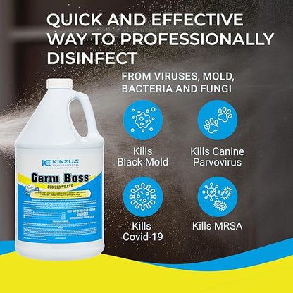 KINZUA ENVIRONMENTAL Germ Boss, Multipurpose Disinfectant Cleaner &amp; Deodorizer, Disinfectant Liquid Concentrate with Fresh Scent for Homes, Kennels, Institutional &amp; Industrial Strength, 1 Gal