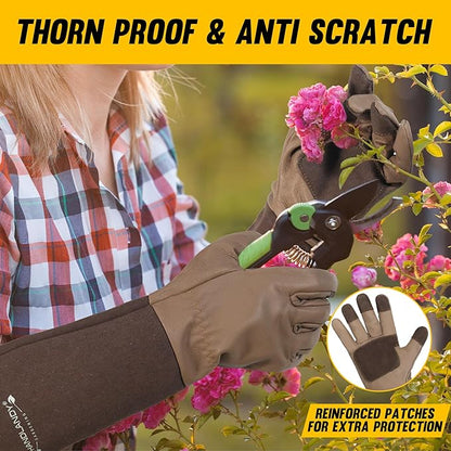 HANDLANDY Long Gardening Gloves for Men &amp; Women, Cowhide Leather Rose Pruning Gloves- Breathable &amp; Durable Gauntlet Glove (Small, Brown)