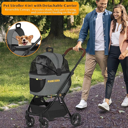 PAWZIDEA Pet Stroller 4 in 1, Dog Strollers for Small/Medium Dogs with Detachable Carrier Easy Lock Canopy, Seatbelt Puppy Car Seat, Cozy House, Foldable &amp; Lightweight Jogger Cat Stroller, 4 Wheels