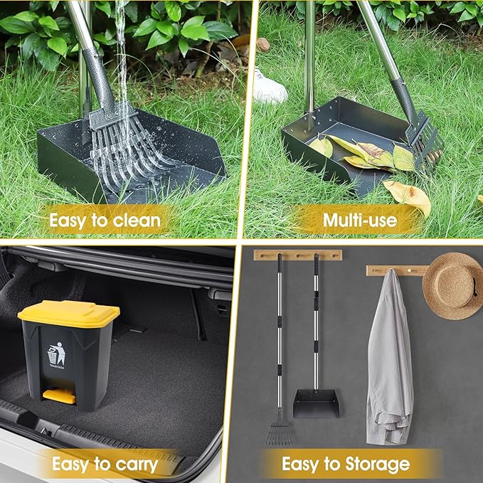 Dog Pooper Scooper, 20L Large Dog Poop Trash Can Outside with Removable Inner Bucket, Poop Trash Can for dog Outdoors with 90 Waste Bags, 37inch Long Handle Stainless Metal Tray &amp; Rake