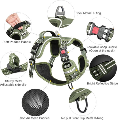 Timos Dog Harness Large Sized, No Pull Pet Harness with Neck Lockable Snap,No Choke Front Clip Dog Reflective Vest,Adjustable Metal Rings 3 Buckles,Easy Control Handle for Large Dogs Green L