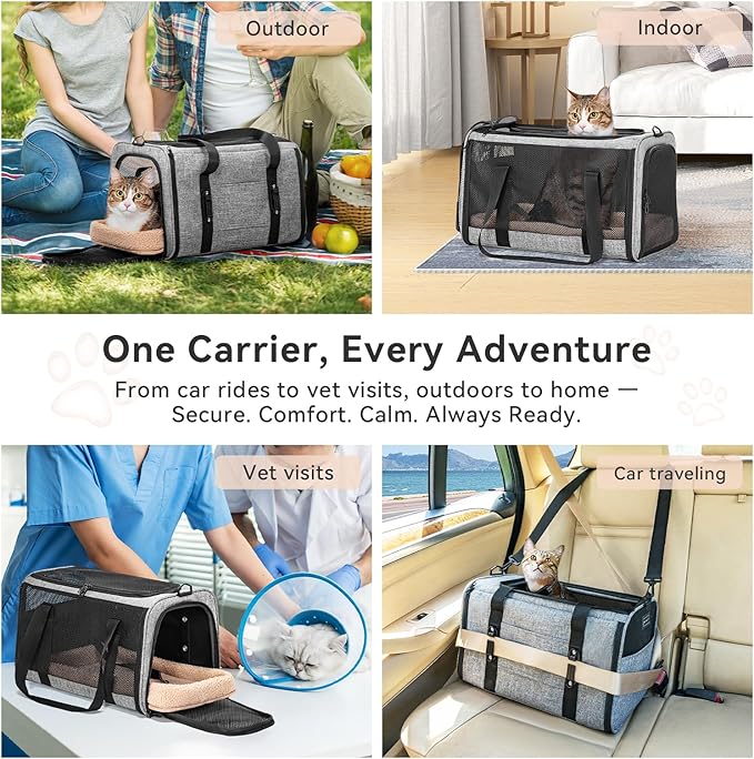 PETSFIT Soft-Sided Cat Carriers &amp; Car Seats with Patent Safe Buckles, Clip-On Harness，18"x11"x11" Airline Approved Pet Carrier - 9 lbs Capacity,Grey