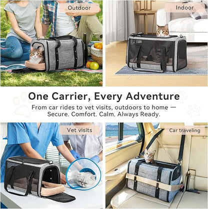 PETSFIT Soft-Sided Cat Carriers &amp; Car Seats with Patent Safe Buckles, Clip-On Harness，18"x11"x11" Airline Approved Pet Carrier - 9 lbs Capacity,Grey