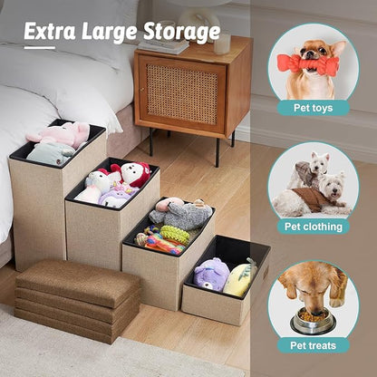 Dog Stairs with Storage, 4-Step Wider Sturdy Dog Steps for Small/Medium/Large Dogs and Older Cats, Folding Doggie Ramp for Bed/Couch/Car Hold Up to 180 lbs (22" H, Brown)