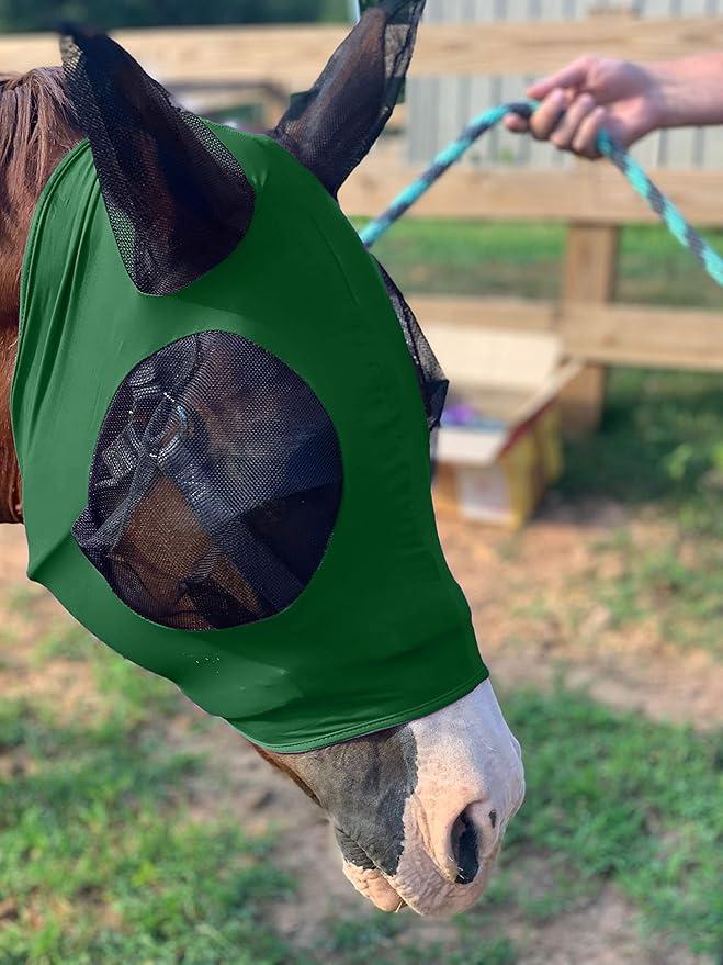 Horse Fly Mask - Durable Equine Fly Mask with Full Coverage for Eye &amp; Ear - Stretchable, UV &amp; Sun Protection Flymask for Horses, Ponies &amp; Mini Horses - Horse Face Cover for Pasture &amp; Trail - Green