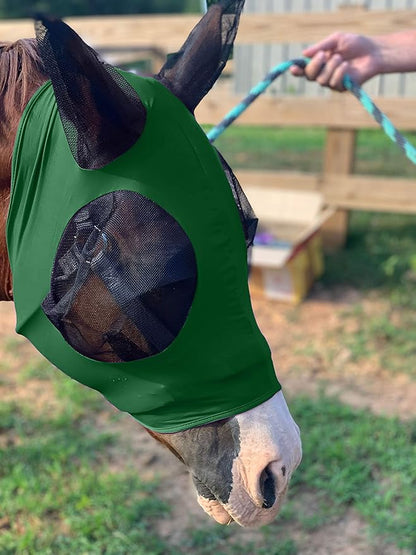 Horse Fly Mask - Durable Equine Fly Mask with Full Coverage for Eye &amp; Ear - Stretchable, UV &amp; Sun Protection Flymask for Horses, Ponies &amp; Mini Horses - Horse Face Cover for Pasture &amp; Trail - Green
