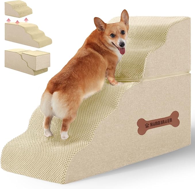 5-Step Spliceable Pet Stairs: Indoor&amp; Outdoor Multi-Use with a Removable Cover and a Pocket, Best for Small Pets and Older Dogs Who Has Spine and Arthritis Issues to Get on High Beds, Beige（22.8" H）