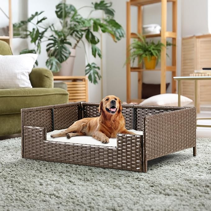 YITAHOME Rattan Dog Sofa Bed with Cushion,Wicker Pet Bed Sofa Couch Indoor Outdoor Waterproof for Large Medium Small Dogs Cats (38.6&