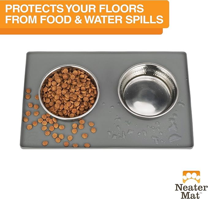 Neater Pet Brands Neater Mat Pet Mats for Food and Water, Cat &amp; Dog Bowl Mat Waterproof Silicone, Feeding Tray, Dog Food Mats for Floors, Placemat w/Raised Edge for Under Bowls, 32" x 24", Grey