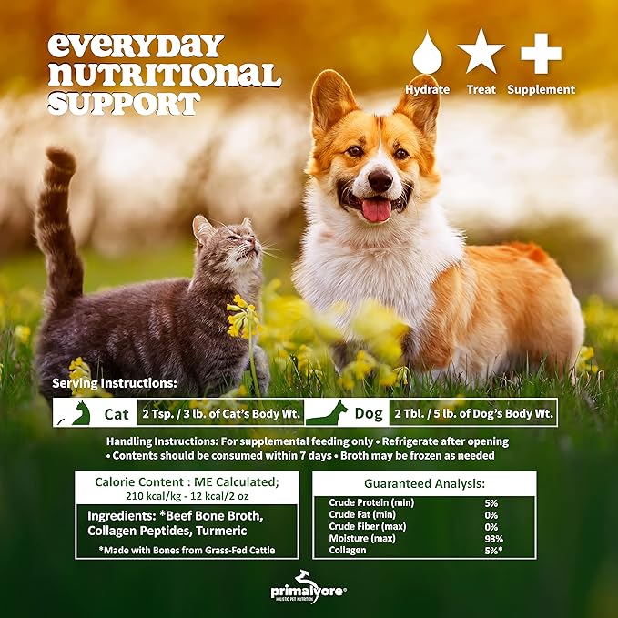 Primalvore Free-Range Bone Broth for Dogs &amp;Cats, Mobility Formula w/Collagen Peptides to Help Support Hip &amp; Joints, Digestion, Skin &amp; Coat and Hydration, Human Grade, Made in USA. Chicken 2 Pack
