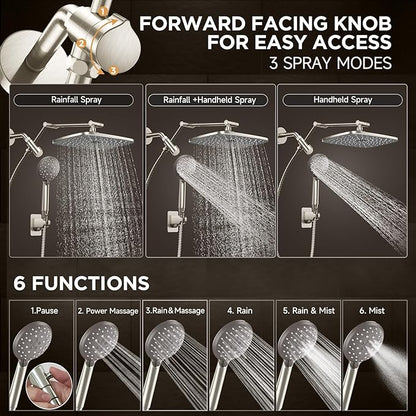 Veken Wide Rain Shower Head with 6 Modes Handheld Water Spray,High Pressure Showerhead Combo with Arm,Adjustable Dual Shower with Anti-Clog Nozzles, Brushed Nickel