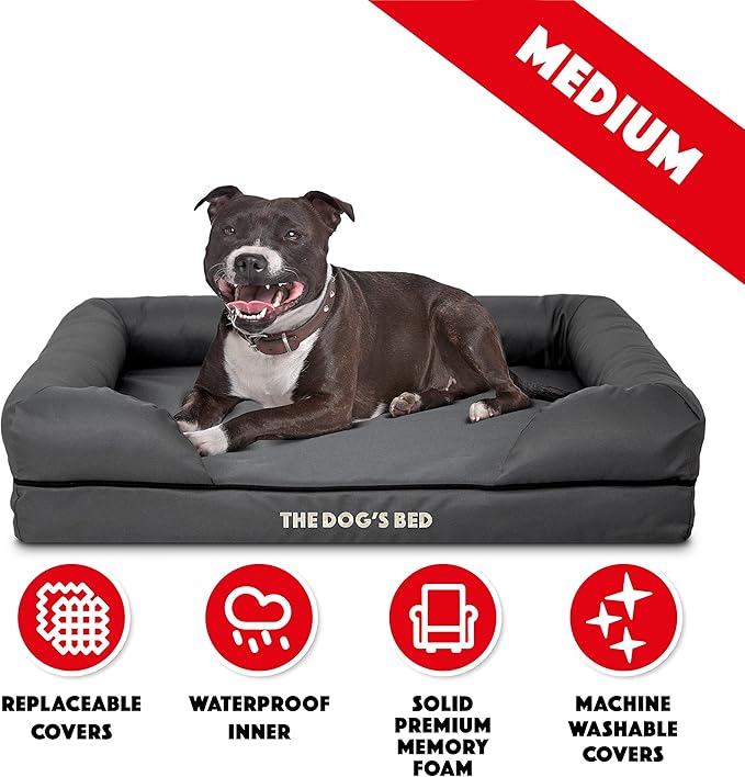 The Dog’s Bed Medium Oxford Grey 30x23.5, Memory Foam, Pain Relief: Arthritis, Hip &amp; Elbow Dysplasia, Post Surgery, Lameness, Supportive, Calming, Waterproof Washable Cover, Veterinary Approved