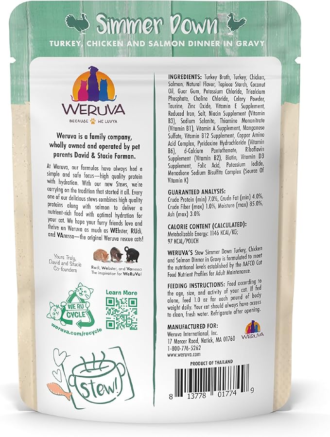 Weruva Classic Cat Stews!, Simmer Down with Turkey, Chicken &amp; Salmon in Gravy, 3oz Pouch (Pack of 12)