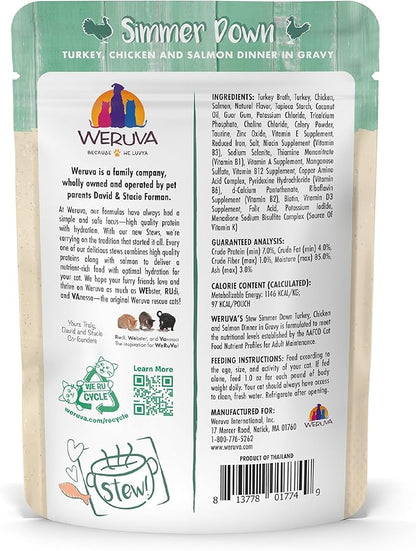 Weruva Classic Cat Stews!, Simmer Down with Turkey, Chicken &amp; Salmon in Gravy, 3oz Pouch (Pack of 12)