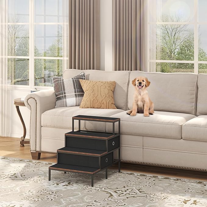 Dog Window Perch with 360° &amp; Adjustable Raised Feeder, Pet Bunk Bed with Removable Stair and 2 Drawers, Elevated Platform Bed, Pet Elevated Seat with Cushion, Paw-Friendly Ladder