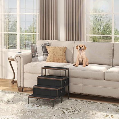 Dog Window Perch with 360° &amp; Adjustable Raised Feeder, Pet Bunk Bed with Removable Stair and 2 Drawers, Elevated Platform Bed, Pet Elevated Seat with Cushion, Paw-Friendly Ladder