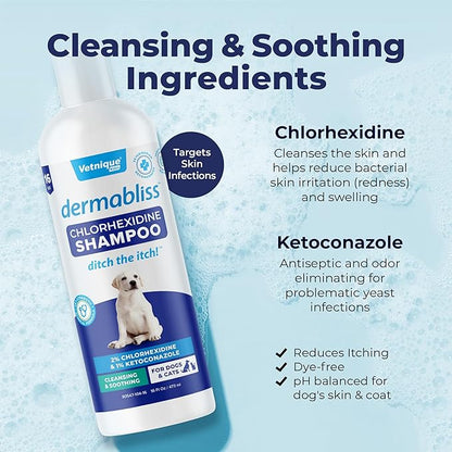 Vetnique Dermabliss Chlorhexidine for Dogs Skin Health - Antibacterial Medicated Dog Shampoo - for Skin Infections &amp; Irritation, Hot Spots &amp; Redness Relief (Medicated Shampoo, 16oz)